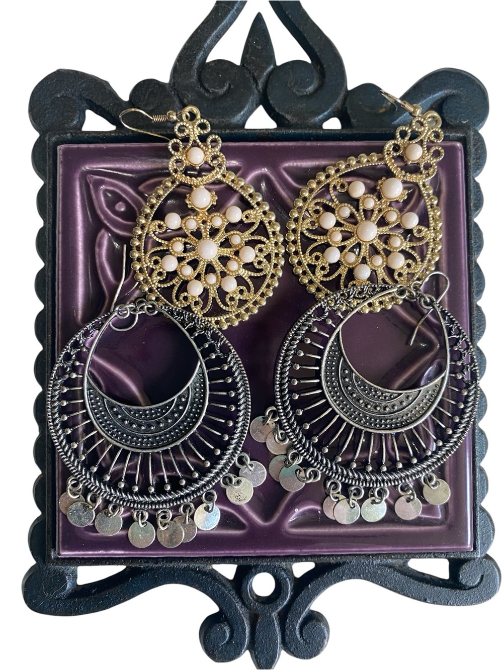 Gold and Silver Filigree Dangle Earrings - Women Jewelry